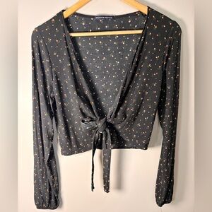 Brandy Melville Coco Floral Tie Front Crop Top Black Size 2 Made in Italy